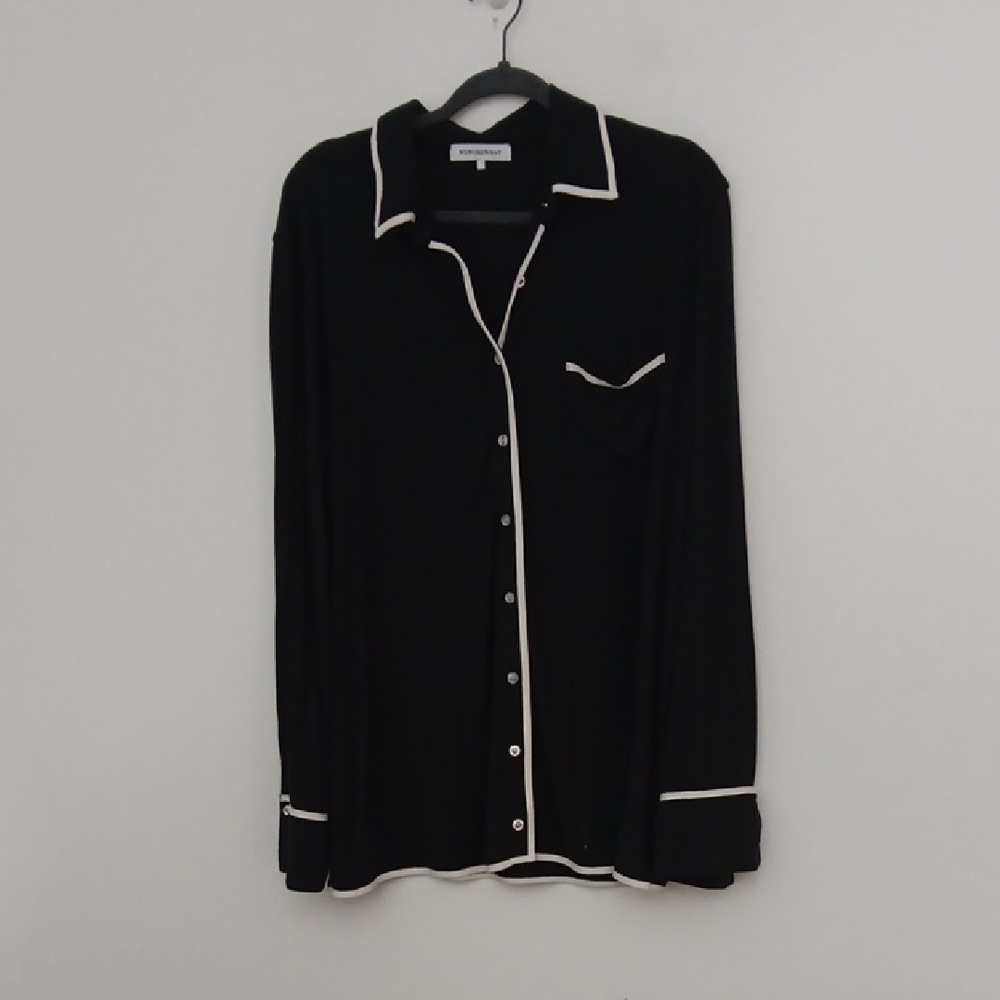 Weworewhat Dani Piped Pajama Top Womens Size L Black Button-Up White Trim Pocket
